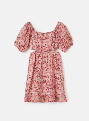 Girls Floral Printed Pink Premium Dress with Puff Sleeves