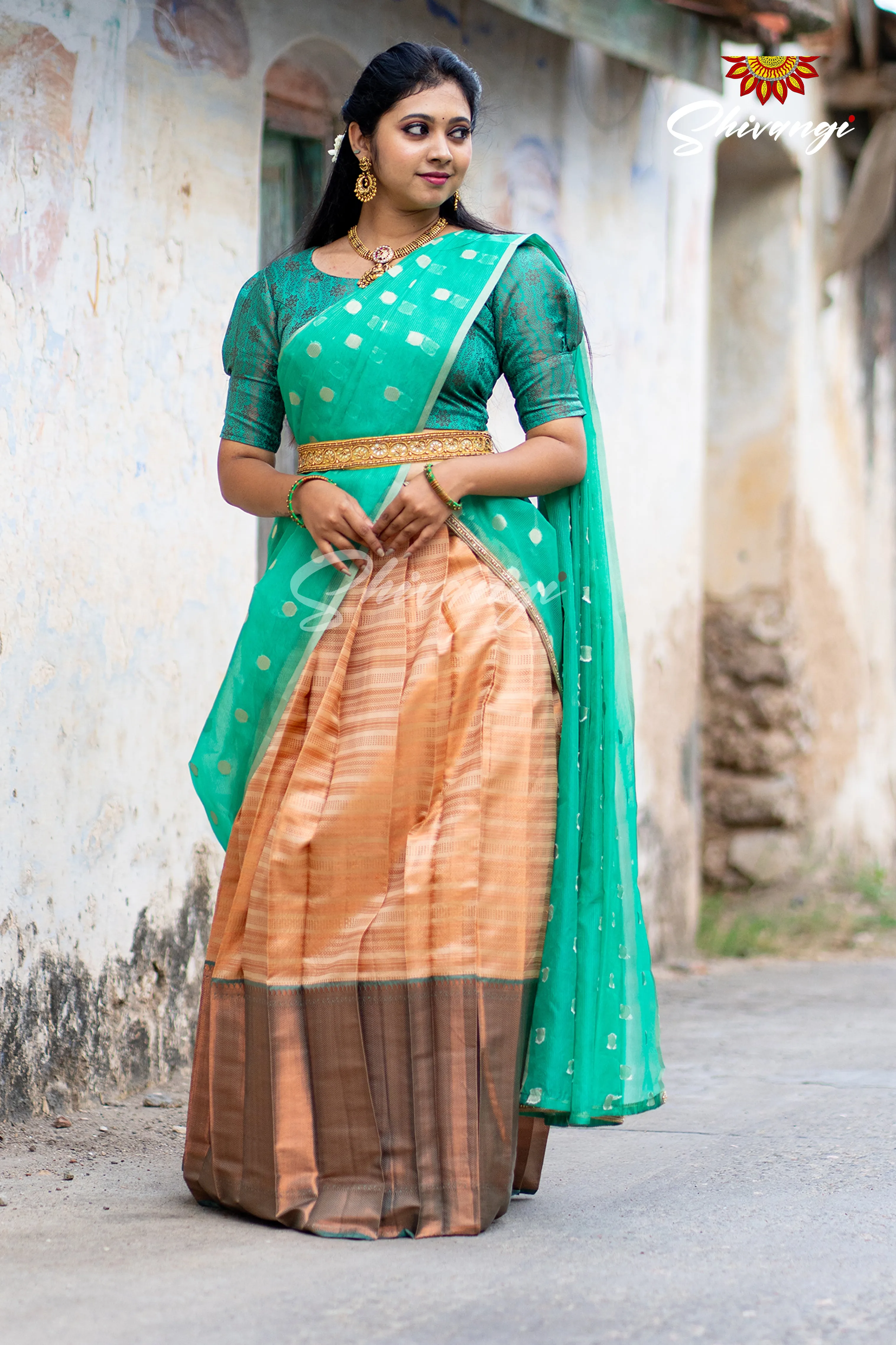 Girls Green Golden Rail Half Saree Blouse Designs