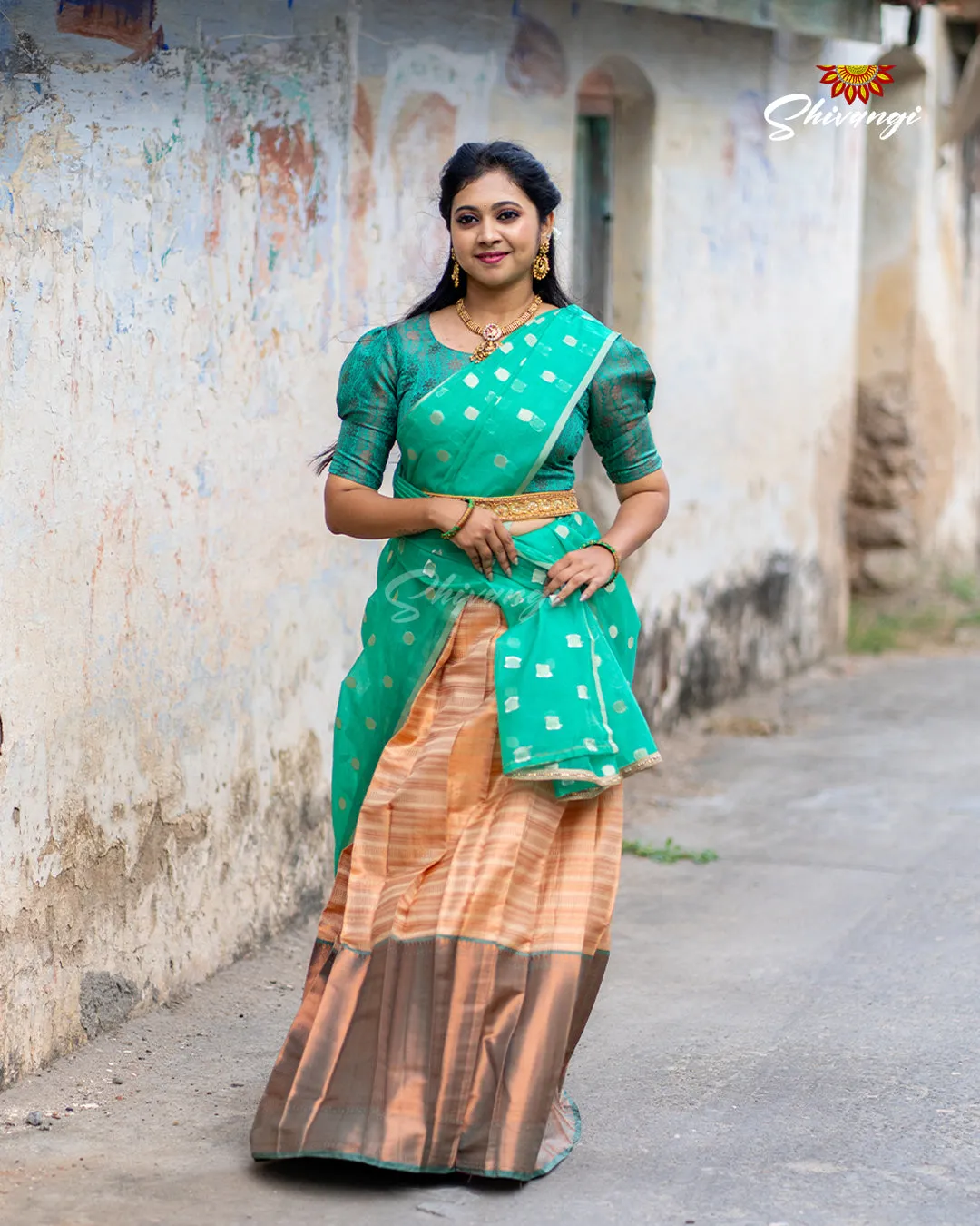 Girls Green Golden Rail Half Saree Blouse Designs