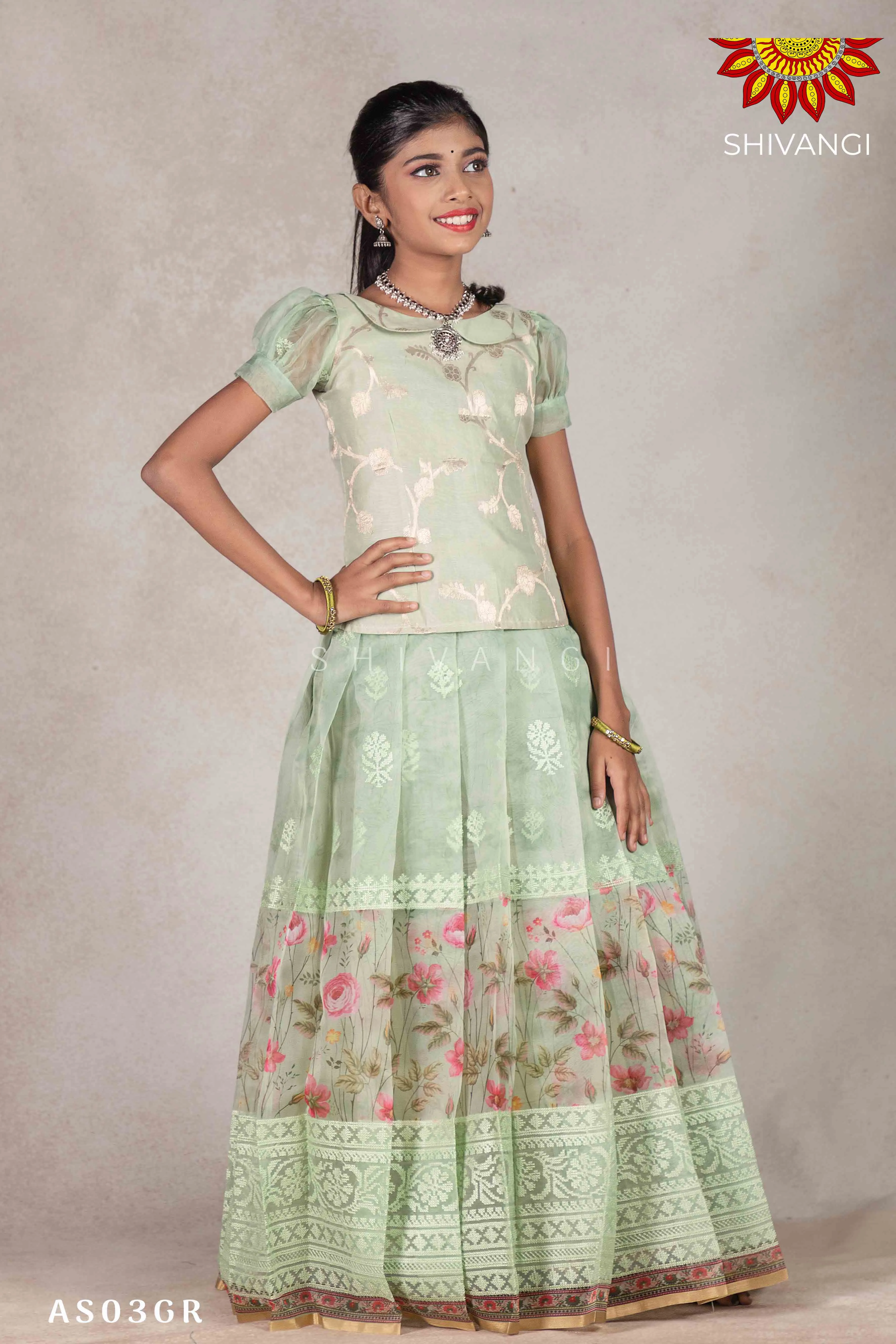 Girls Green Organza Rose Pattu Pavadai |Langa - Green