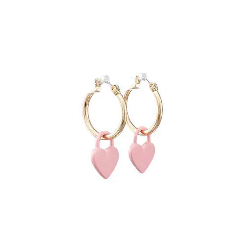 Gold Hoops with Pink Heart Earrings