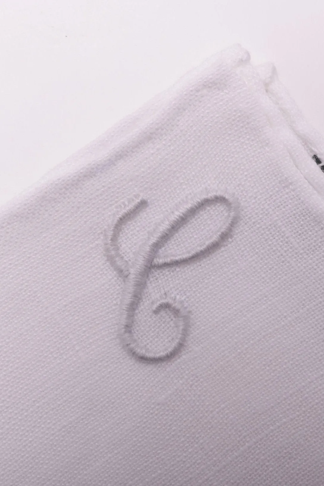 Hand-Embroidered Initial C White Linen Pocket Square