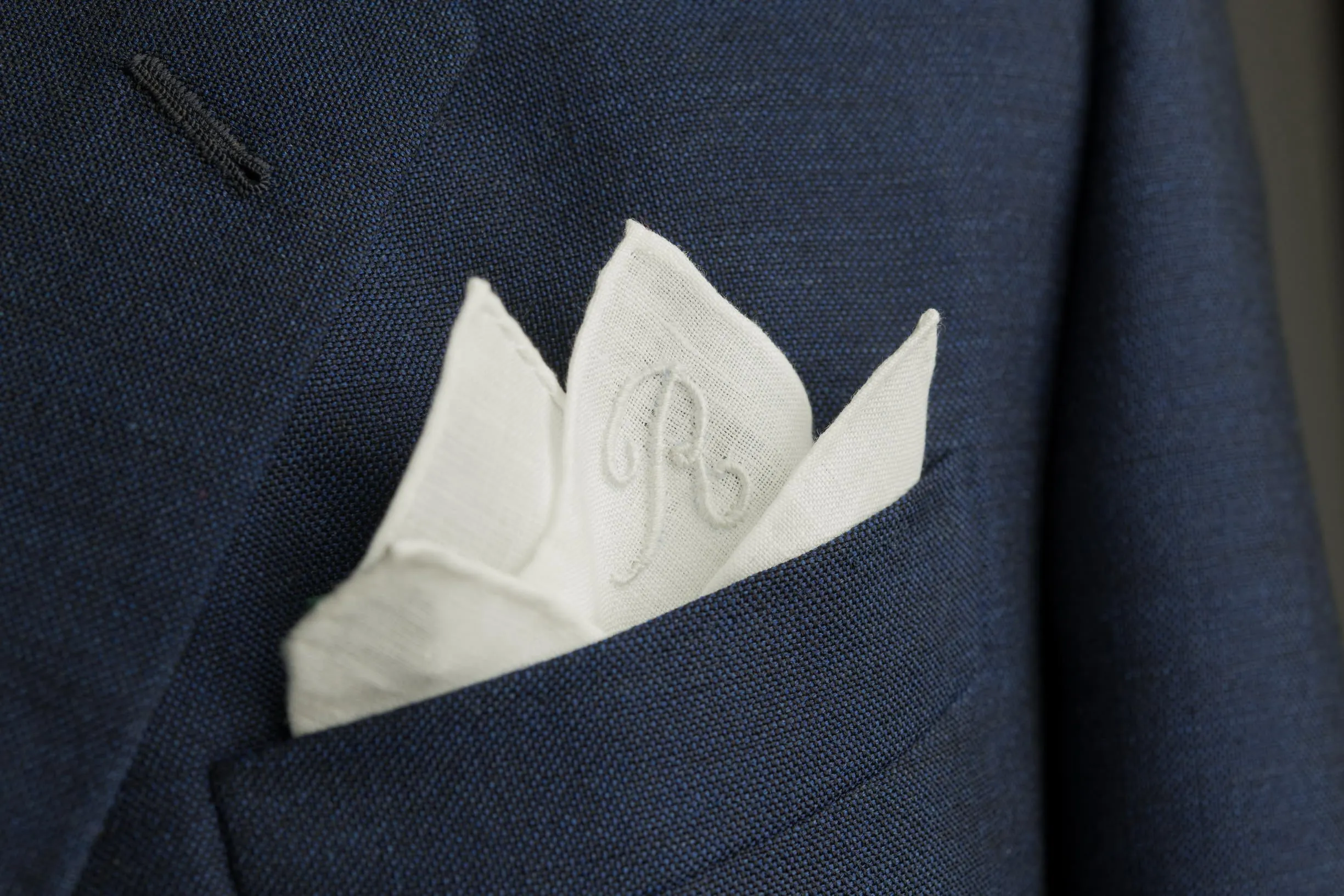 Hand-Embroidered Initial C White Linen Pocket Square