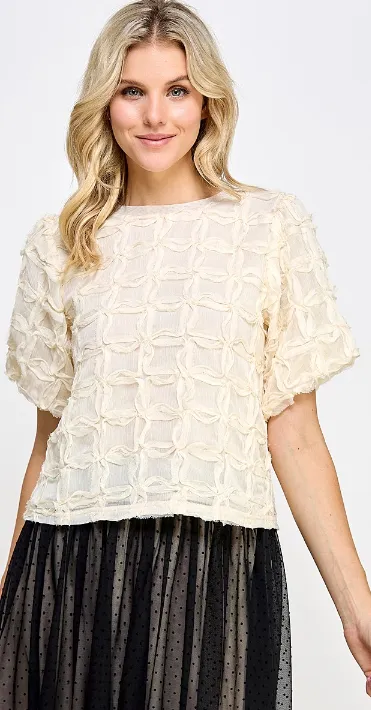 Isadora Textured Puff Sleeve Top in Cream