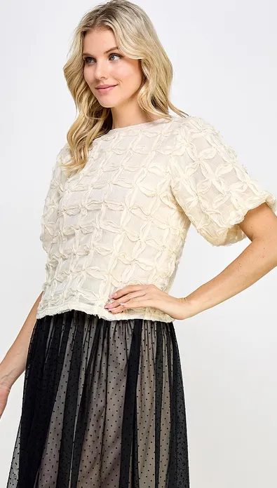 Isadora Textured Puff Sleeve Top in Cream