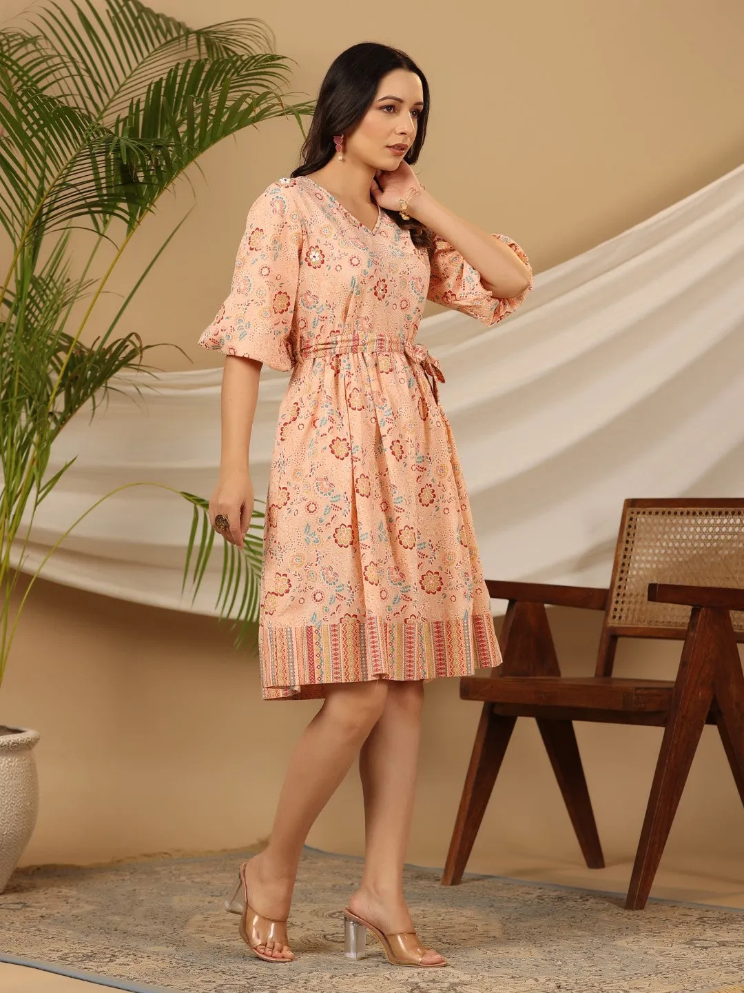 Juniper Peach Floral Printed Pure Cotton Short Dress With Belt & Beads Work