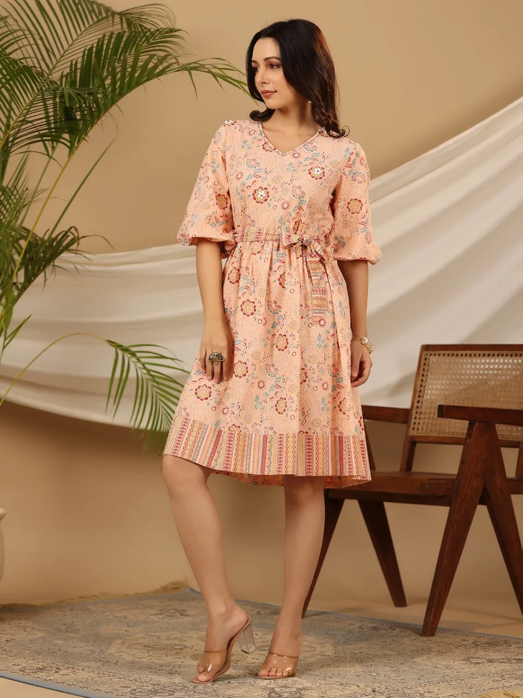 Juniper Peach Floral Printed Pure Cotton Short Dress With Belt & Beads Work