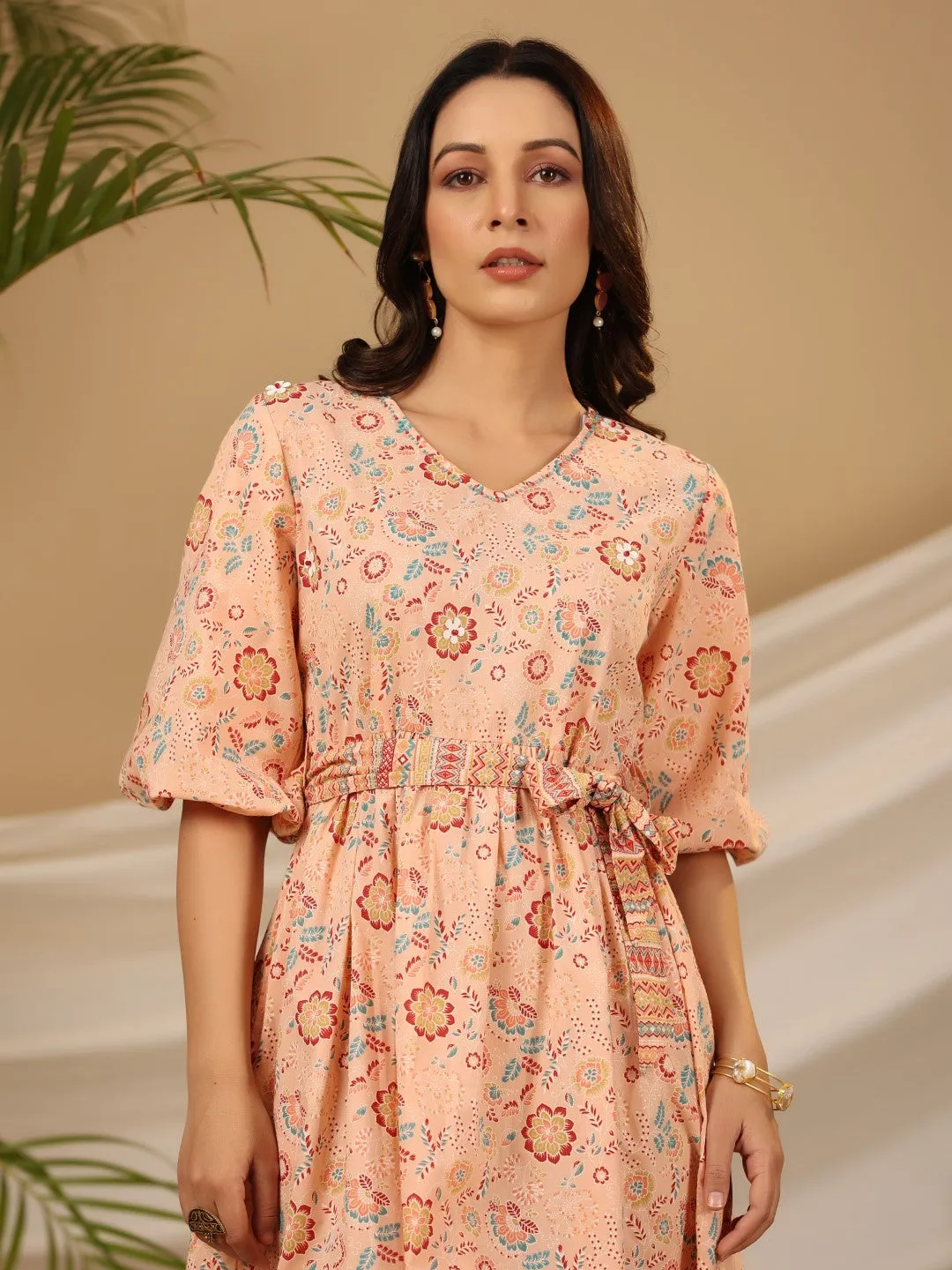 Juniper Peach Floral Printed Pure Cotton Short Dress With Belt & Beads Work