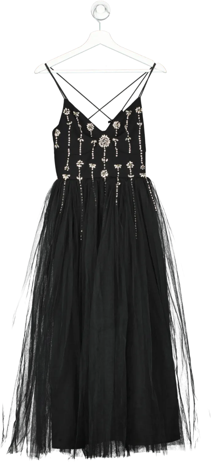 Karen Millen Black Crystal Embellished Tulle Midi Dress UK 6