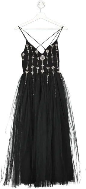 Karen Millen Black Crystal Embellished Tulle Midi Dress UK 6