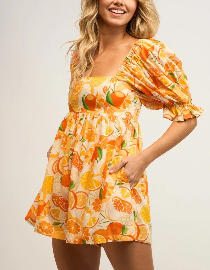 Katy Orange Puff Sleeve Romper