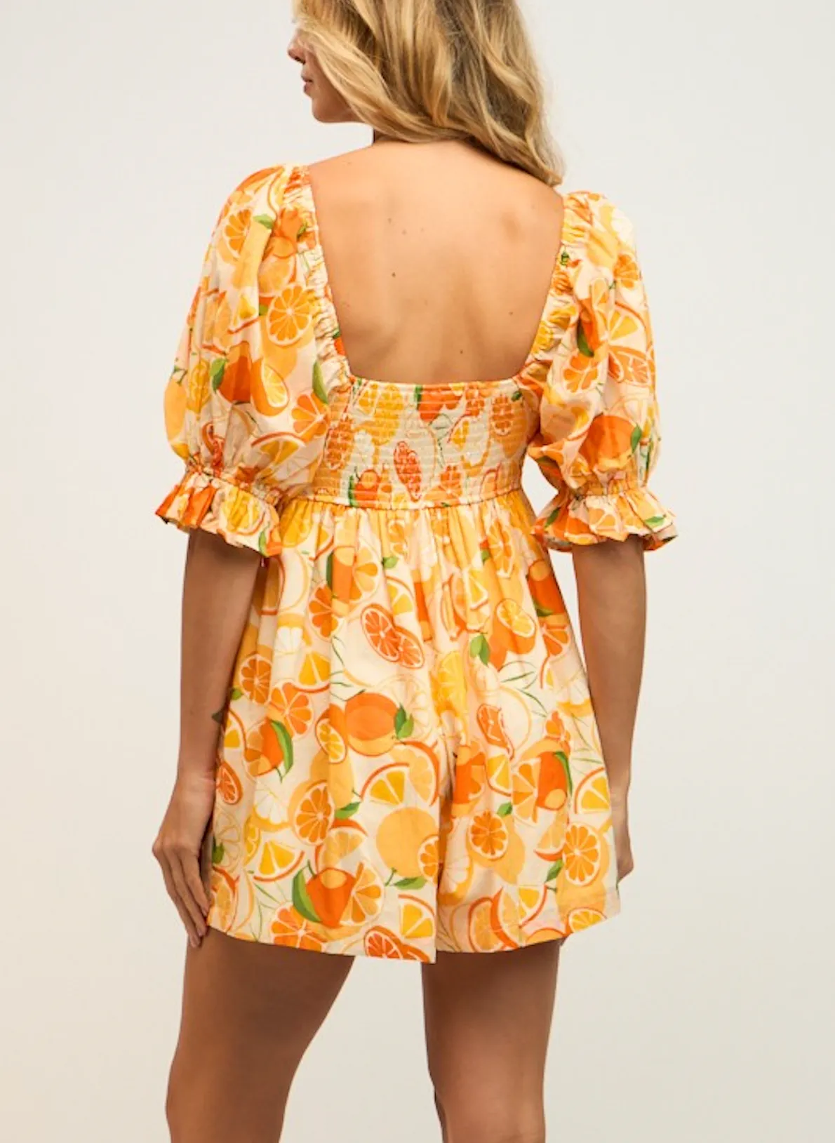 Katy Orange Puff Sleeve Romper