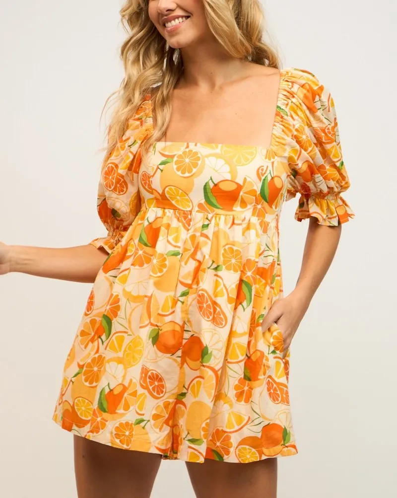 Katy Orange Puff Sleeve Romper