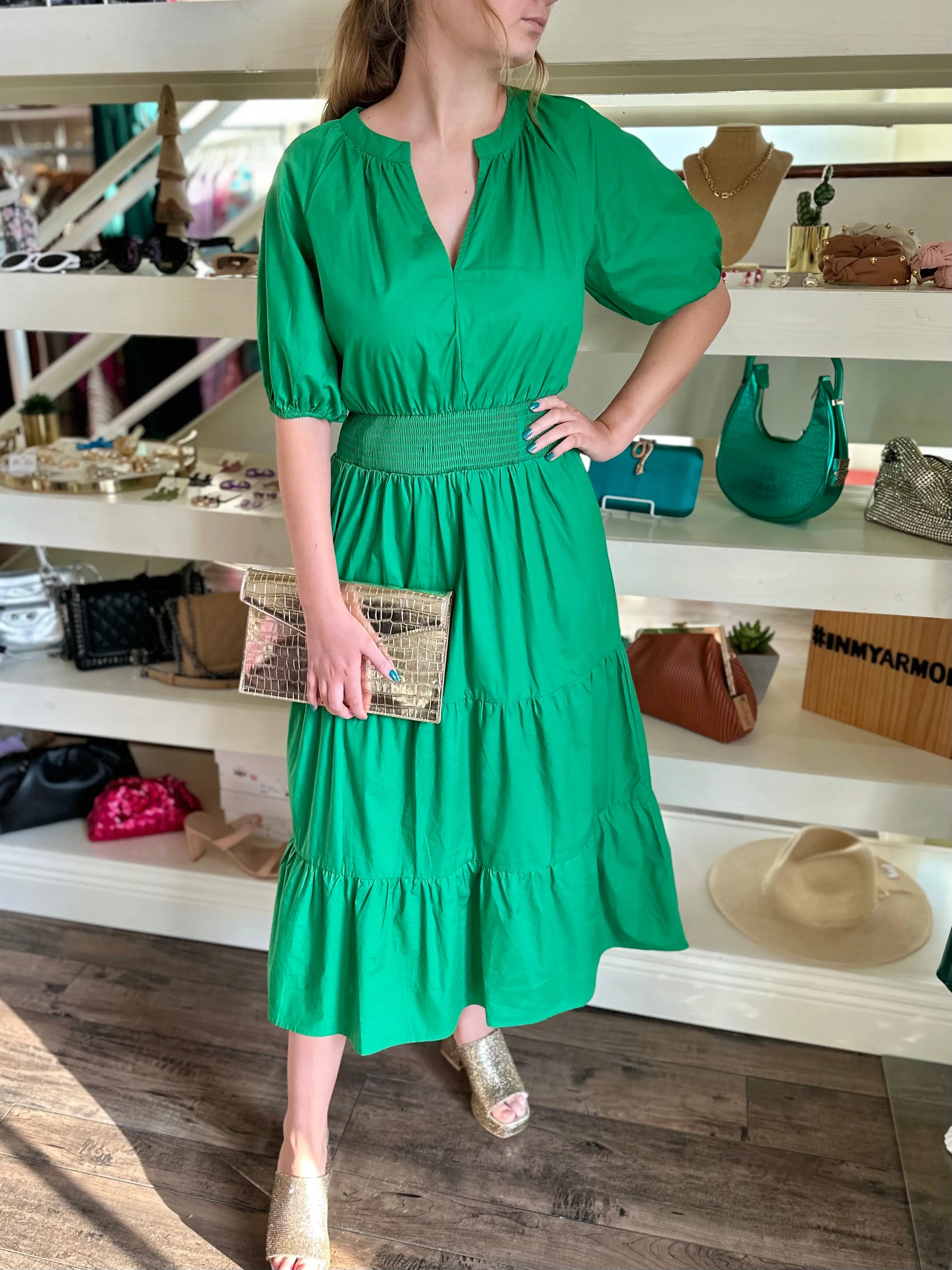 Kelly Green Poplin Midi Dress