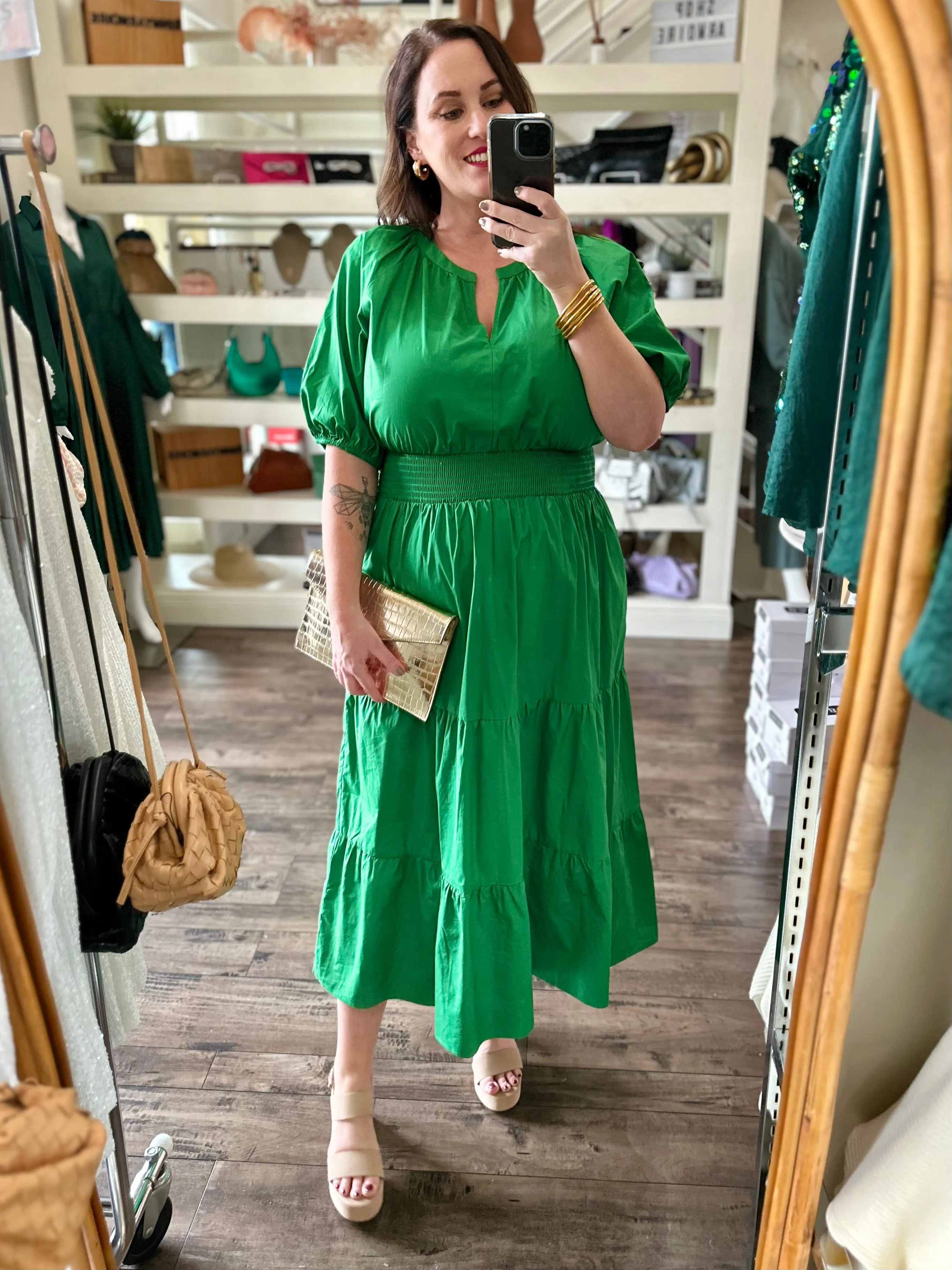 Kelly Green Poplin Midi Dress