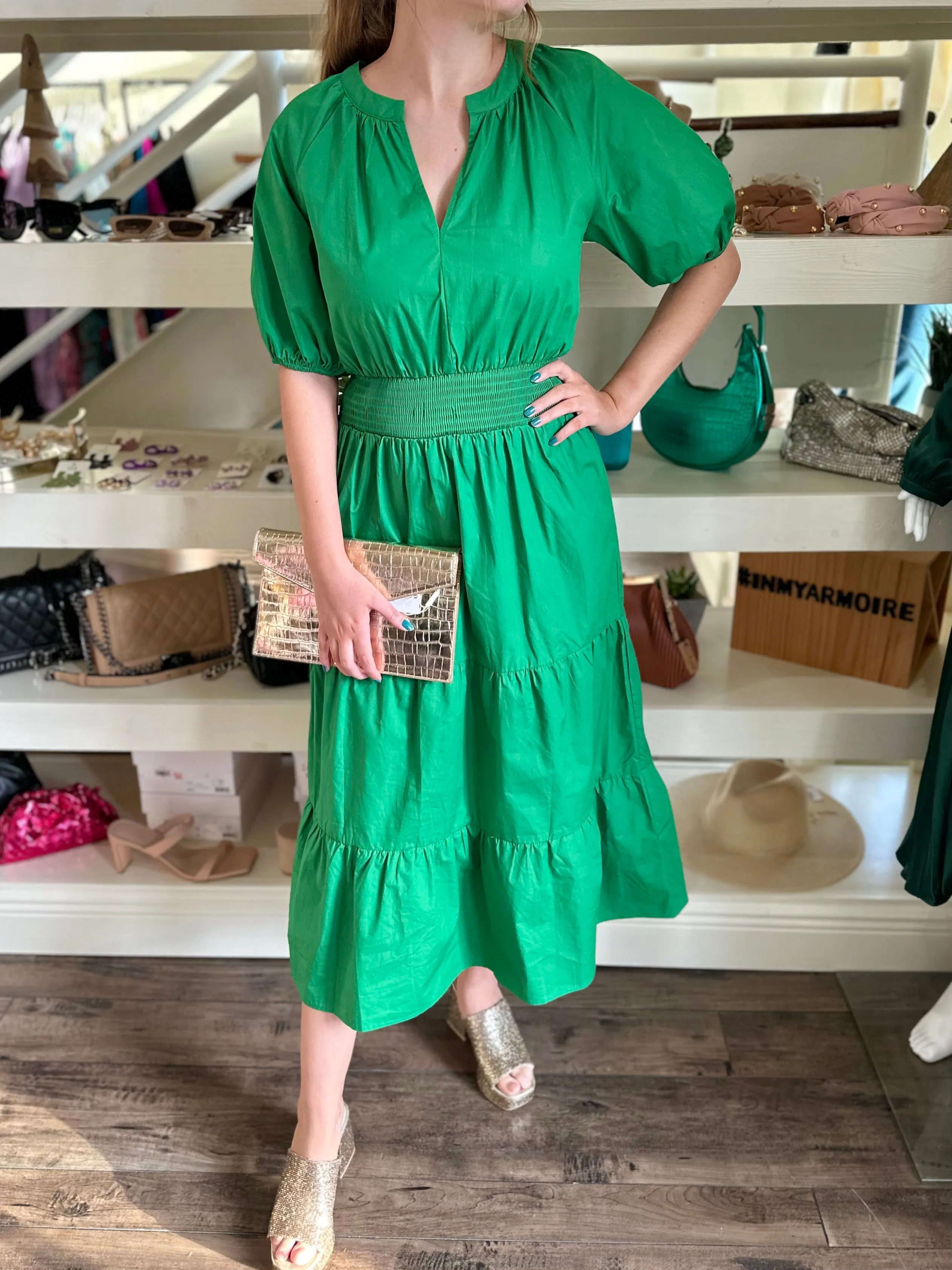 Kelly Green Poplin Midi Dress