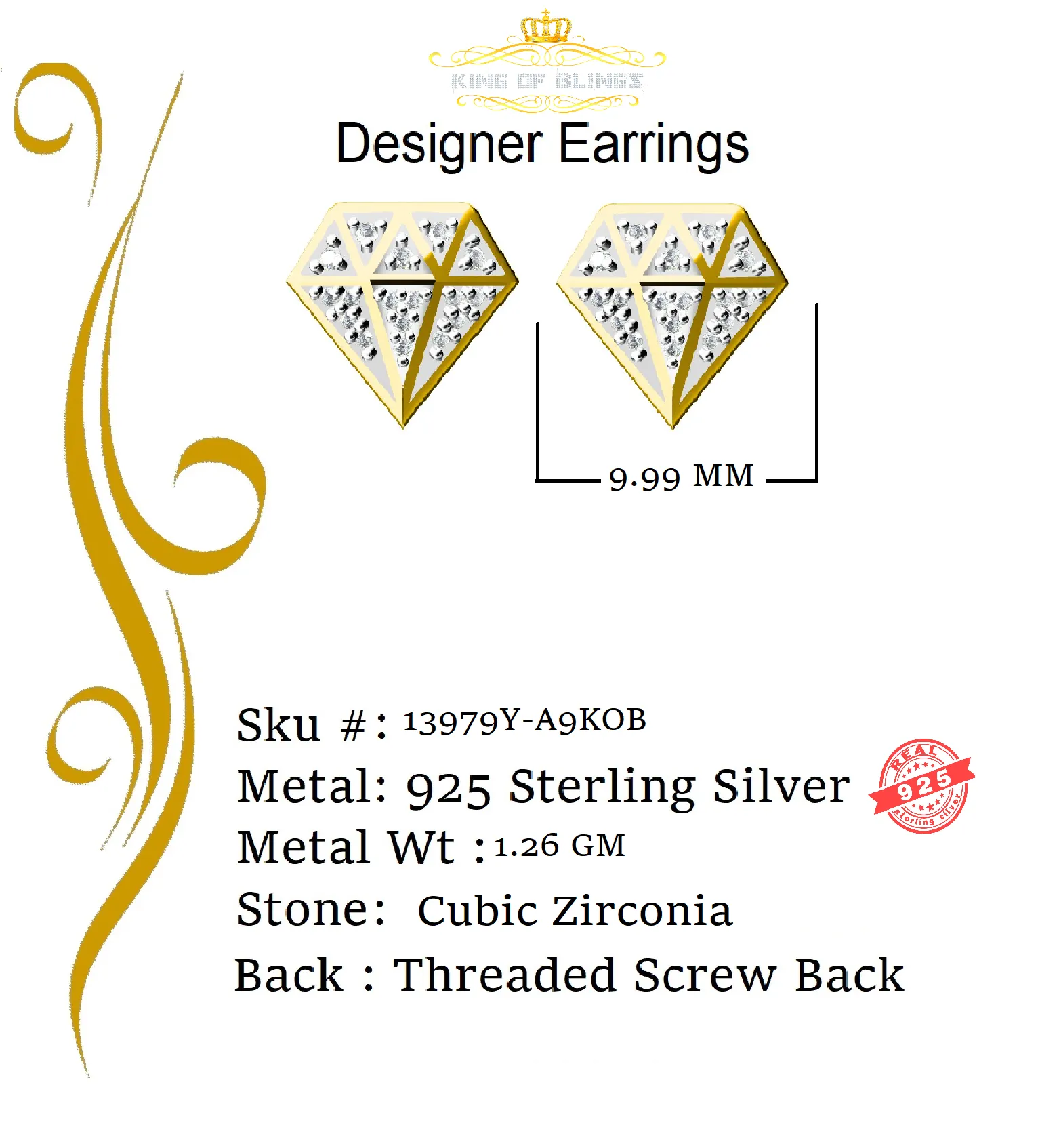 King of Bling's 0.24ct Cubic Zirconia 925 Yellow Silver Women's & Men's Hip Hop Stud Earrings