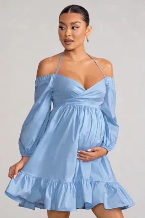 Kyra | Powder Blue Babydoll Maternity Mini Dress with Long Cold Shoulder Puff Sleeves