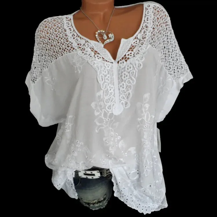 Large Size Loose Short-Sleeved Lace Women Blouses Cotton Blouses 2024 Summer V-neck White Shirt Tops Sexy Fashion Women Shirt