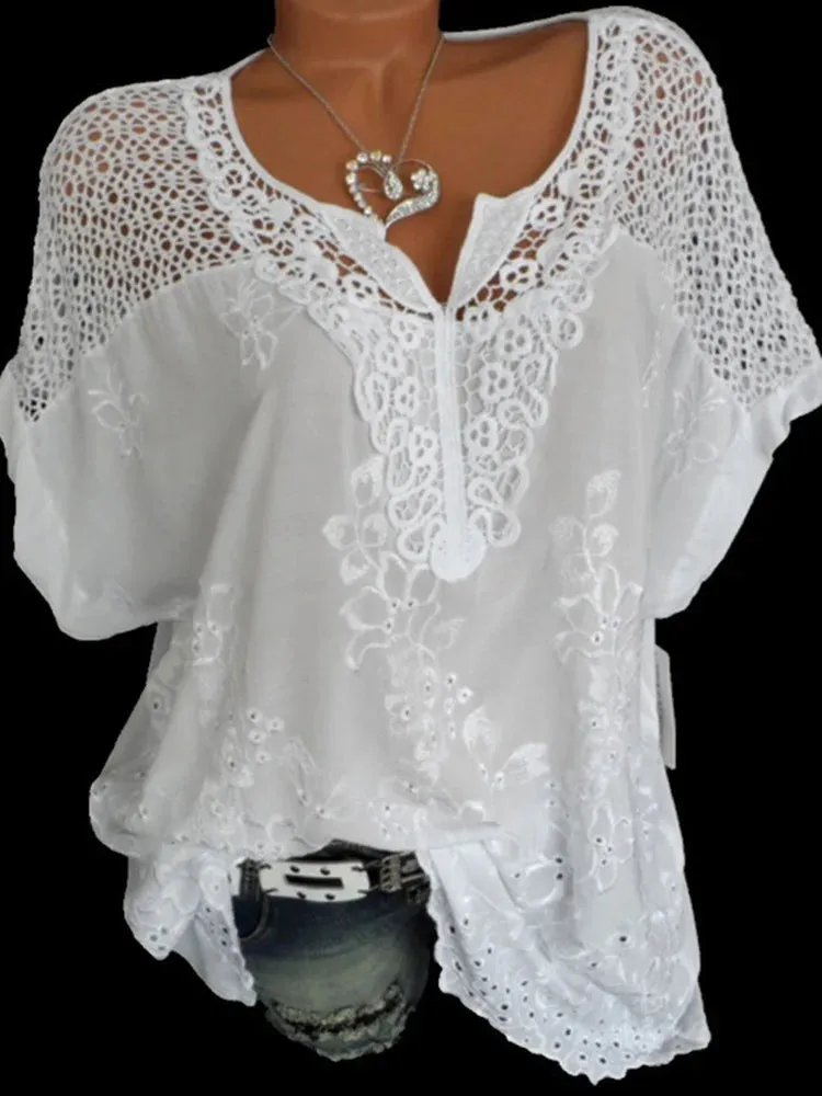 Large Size Loose Short-Sleeved Lace Women Blouses Cotton Blouses 2024 Summer V-neck White Shirt Tops Sexy Fashion Women Shirt