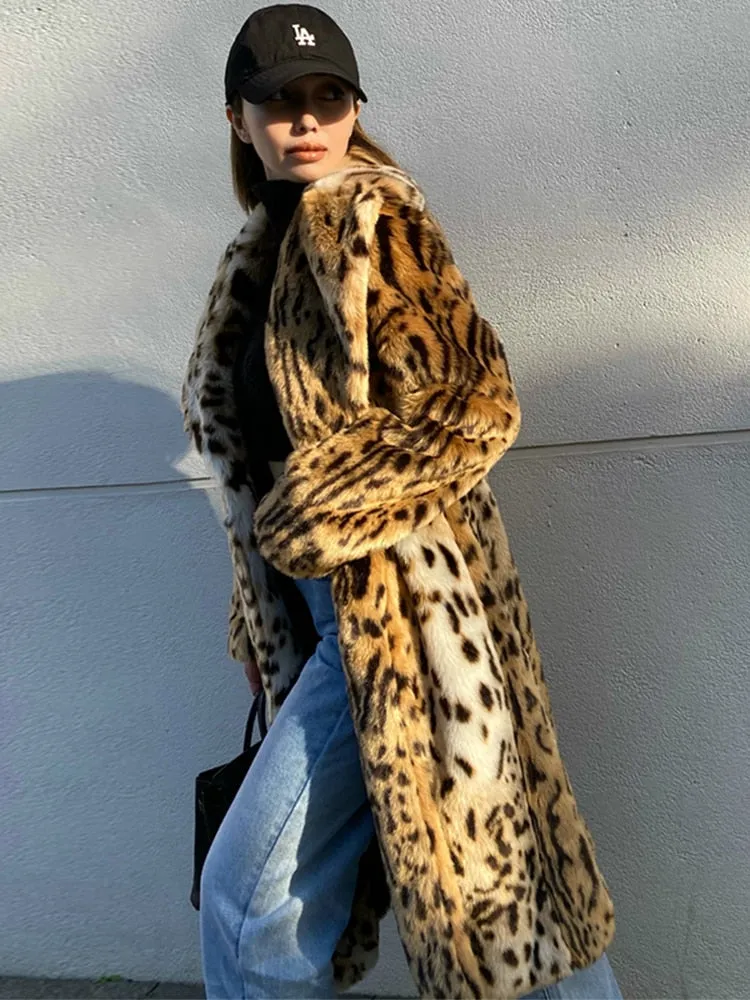 LAUTARO Women's Fine Fashion Brown Leopard Print Luxury Style Long Faux Fur Plush Coat Jacket