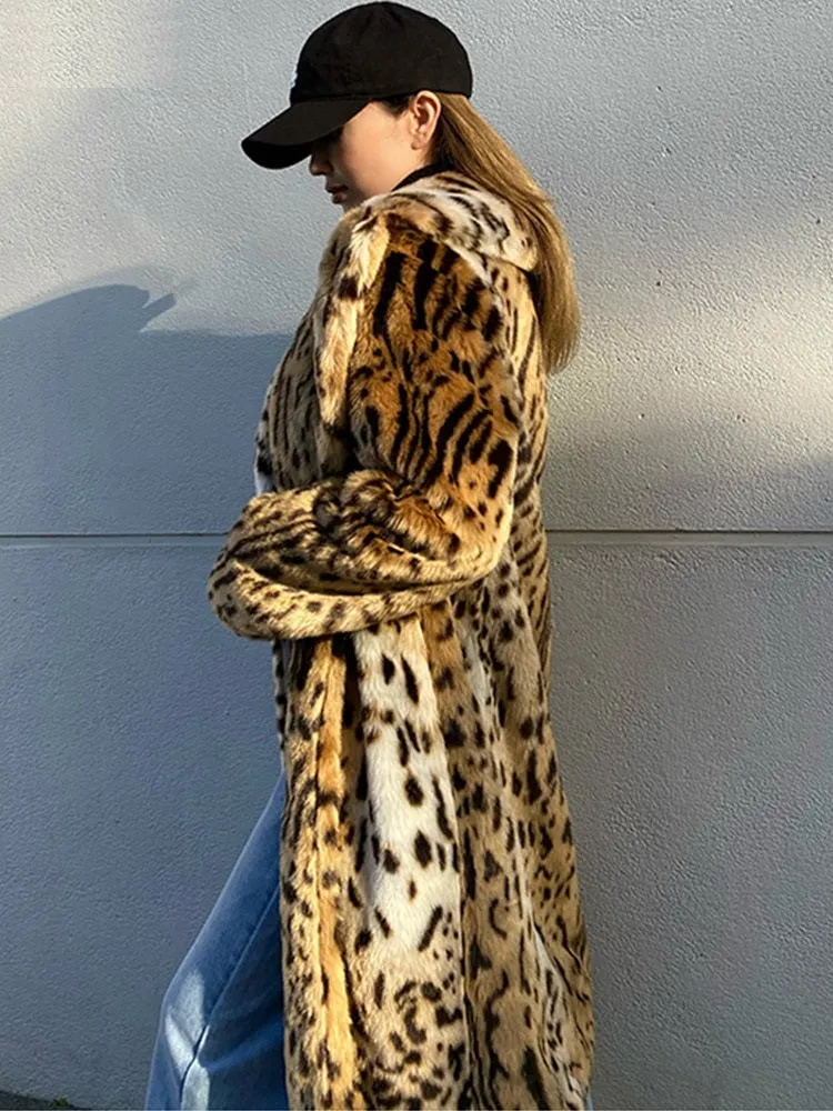 LAUTARO Women's Fine Fashion Brown Leopard Print Luxury Style Long Faux Fur Plush Coat Jacket