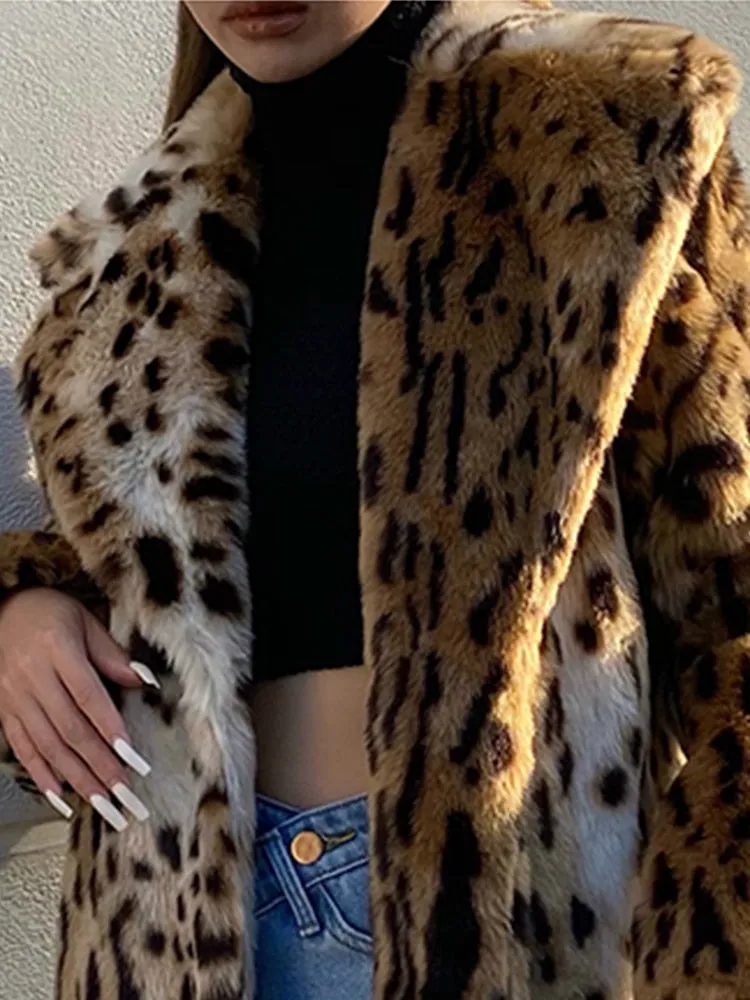 LAUTARO Women's Fine Fashion Brown Leopard Print Luxury Style Long Faux Fur Plush Coat Jacket