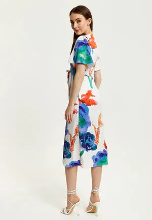 Liquorish Floral Print White Based Midi Wrap Dress