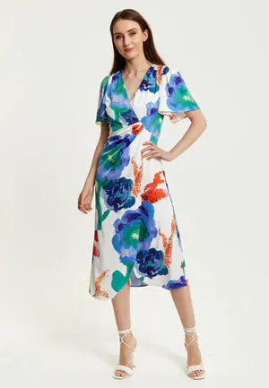 Liquorish Floral Print White Based Midi Wrap Dress