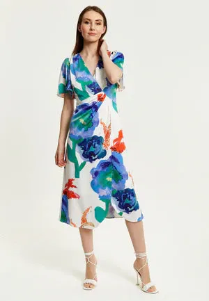 Liquorish Floral Print White Based Midi Wrap Dress