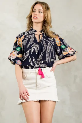 Lucinda Embroidered Puff Sleeve Tassle Tie THML Top