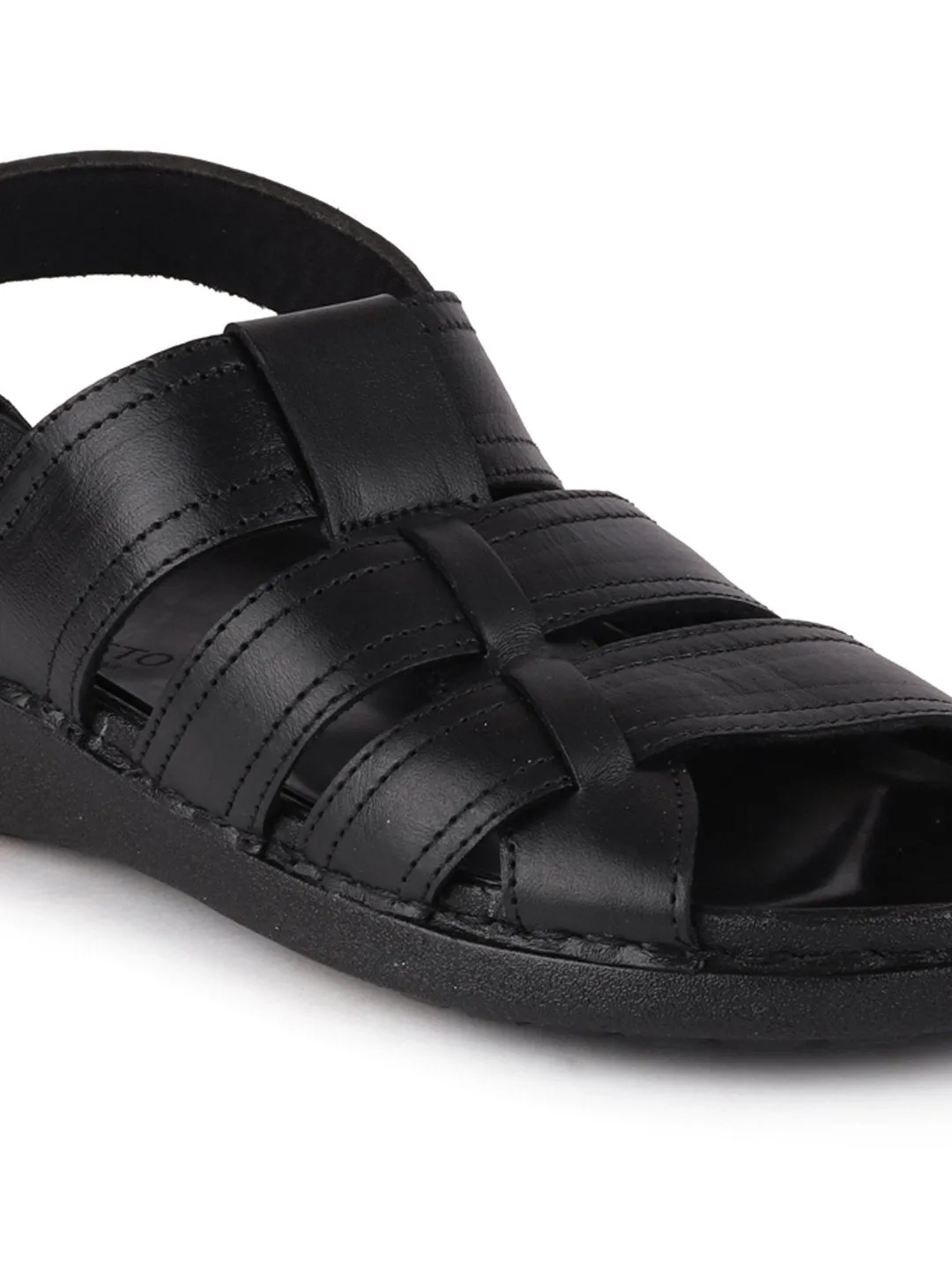 Men Black Formal Leather Hook & Loop Flat Sandals