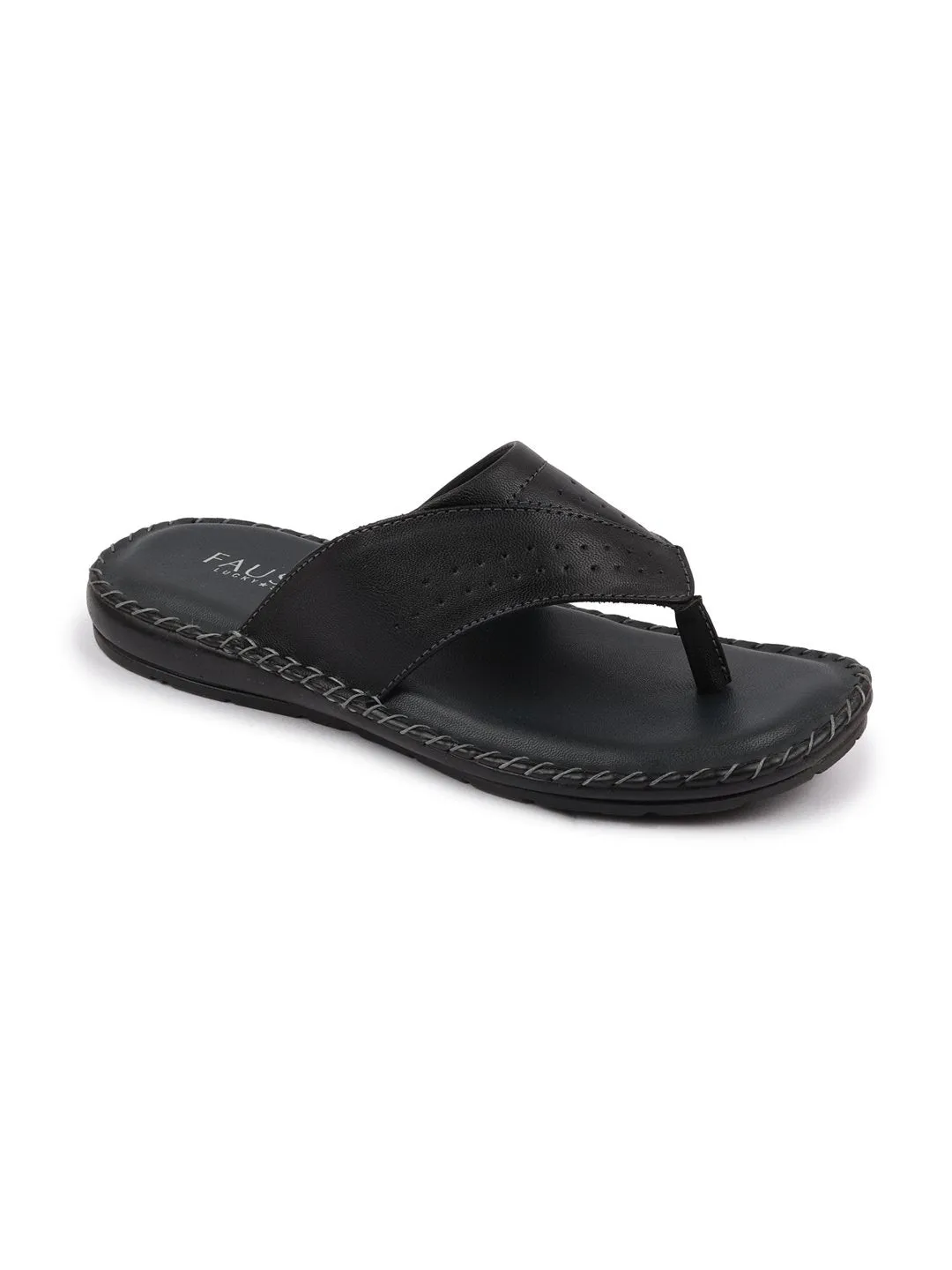 Men Black Side Stitched Slippers