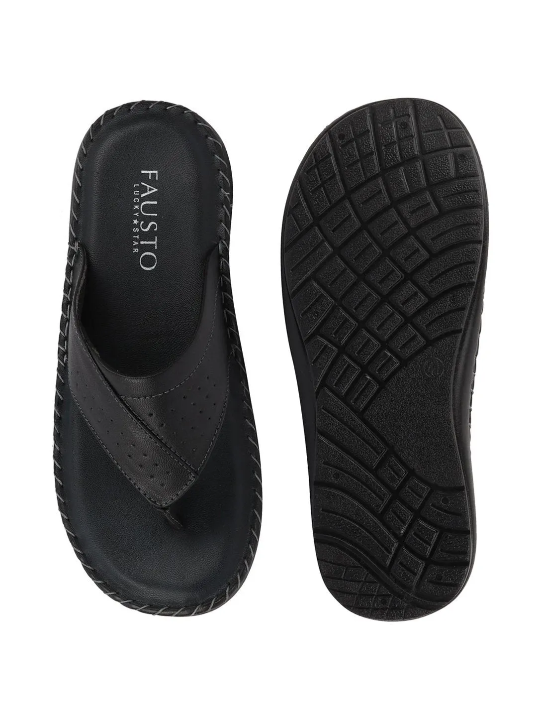 Men Black Side Stitched Slippers