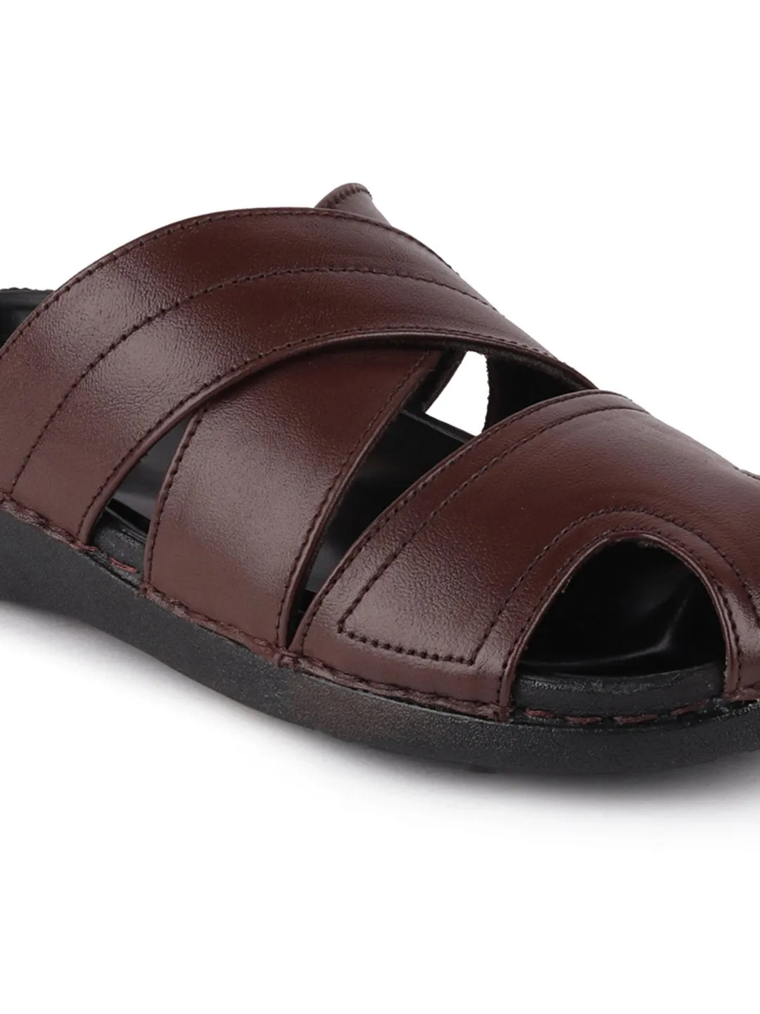 Men Brown Formal Leather Slip-On Flat Sandals