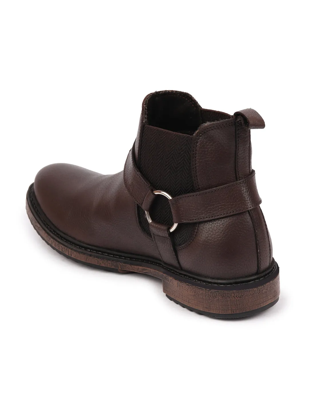 Men Brown High Ankle Genuine Leather Side Ring Buckle Design Slip On Chelsea Work Boots