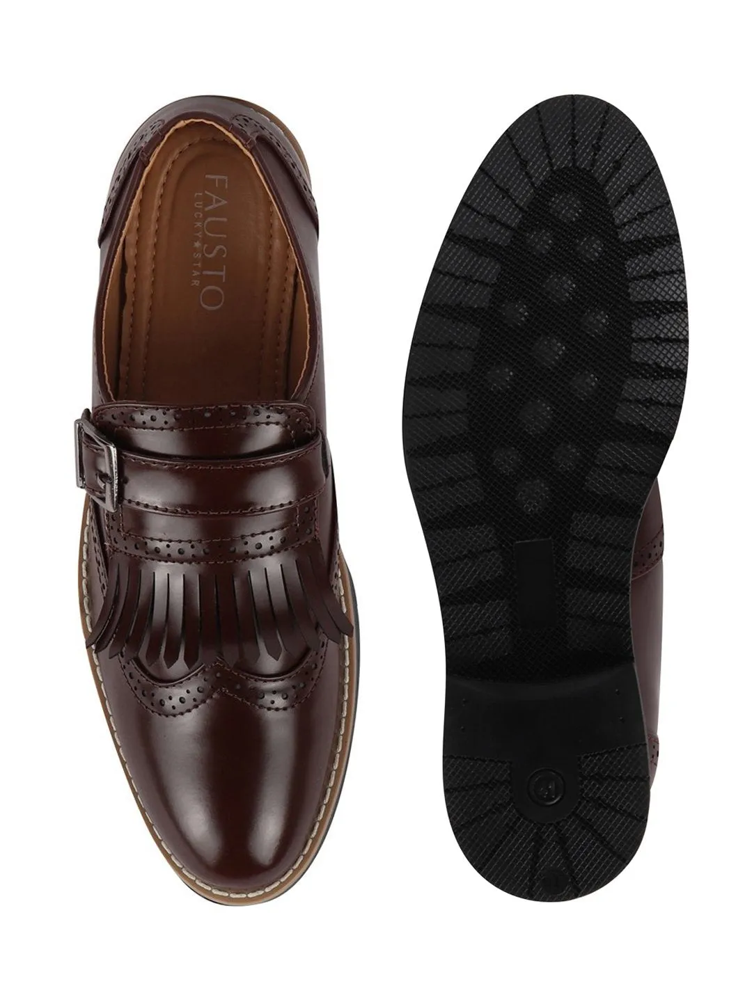 Men Brown Monk Single Strap Fringe Formal Shoes with TPR Welted Sole