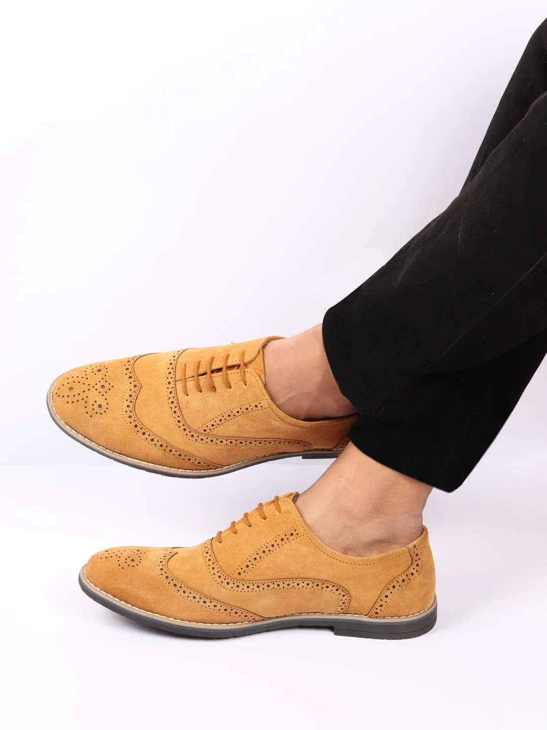 Men Tan Suede Leather Brogue Shoes with TPR Welted Sole