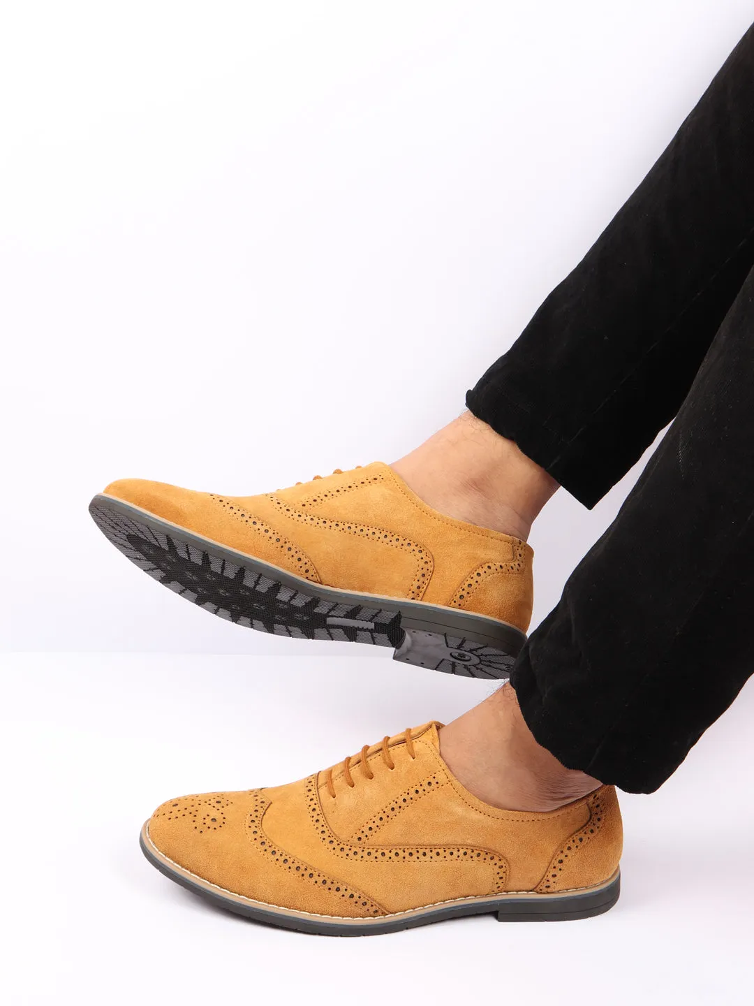 Men Tan Suede Leather Brogue Shoes with TPR Welted Sole