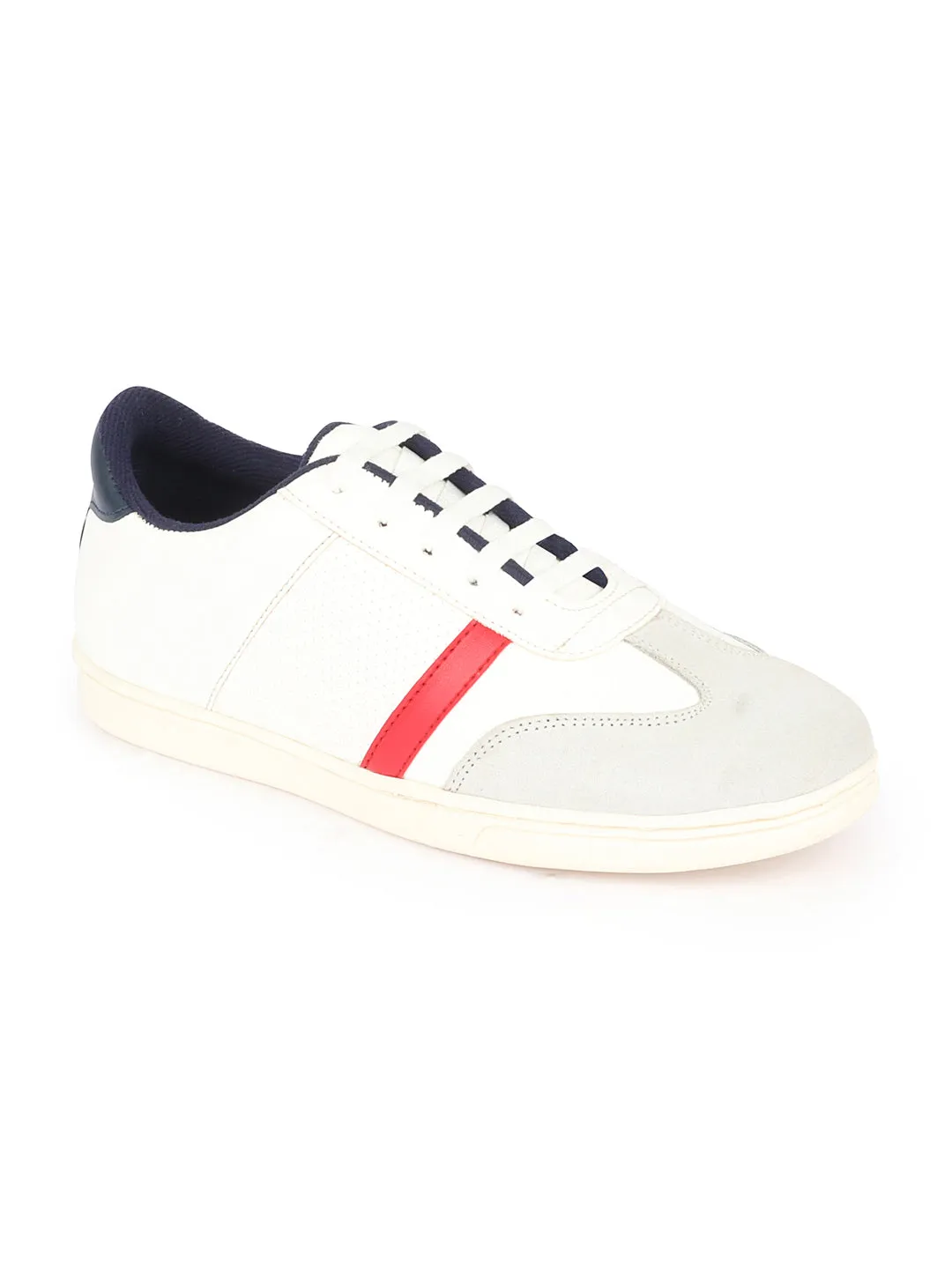 Men White Embellished Strip Breathable Upper PU Suede Leather Lace Up Sneakers Shoes