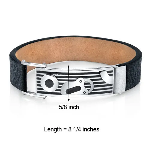 Men's Black Leather and Stainless Steel Bracelet Magnetic Fold-Over Clasp