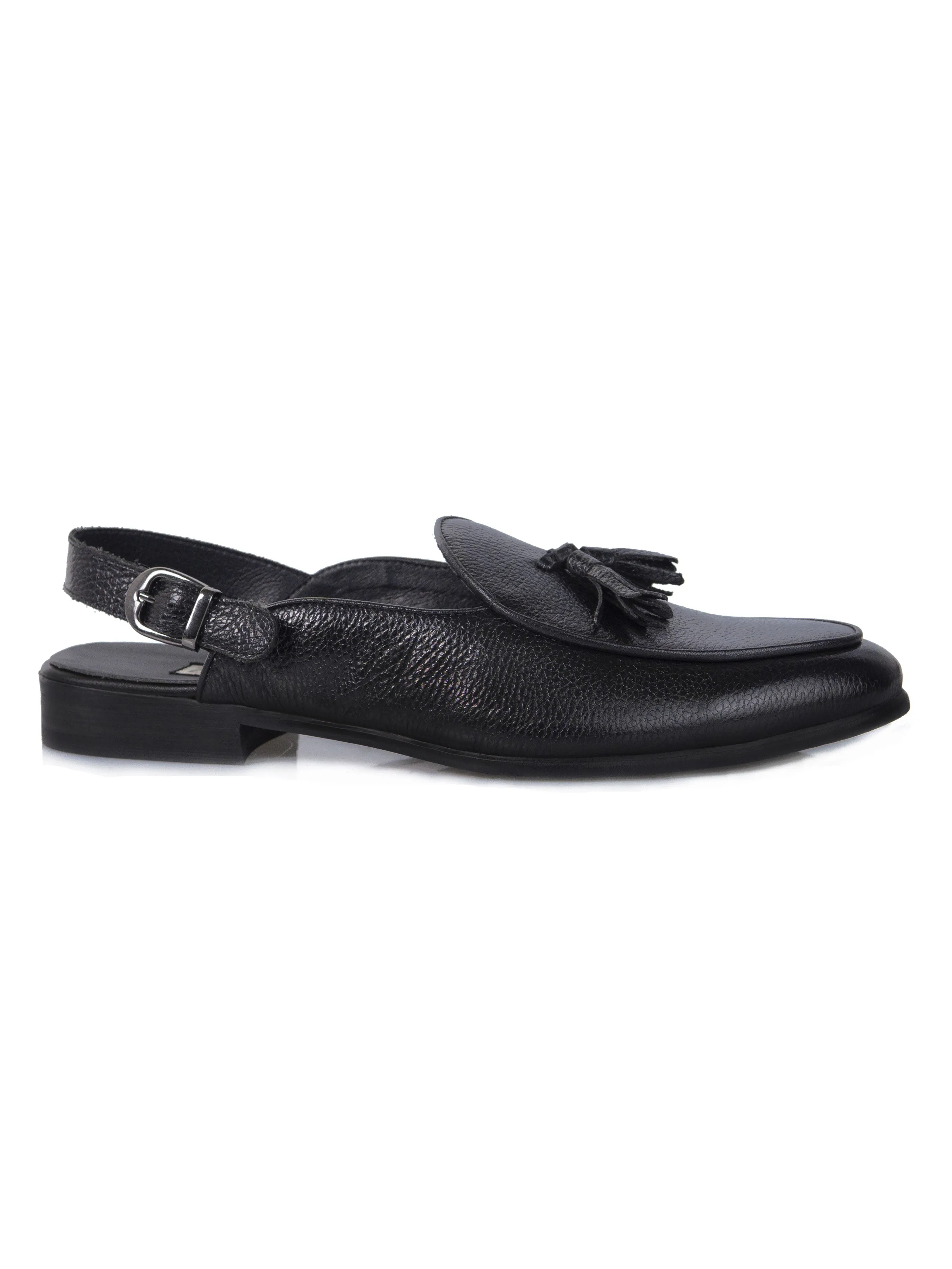 Mules Belgian Tassel Slingback Strap - Black Pebble Grain Leather