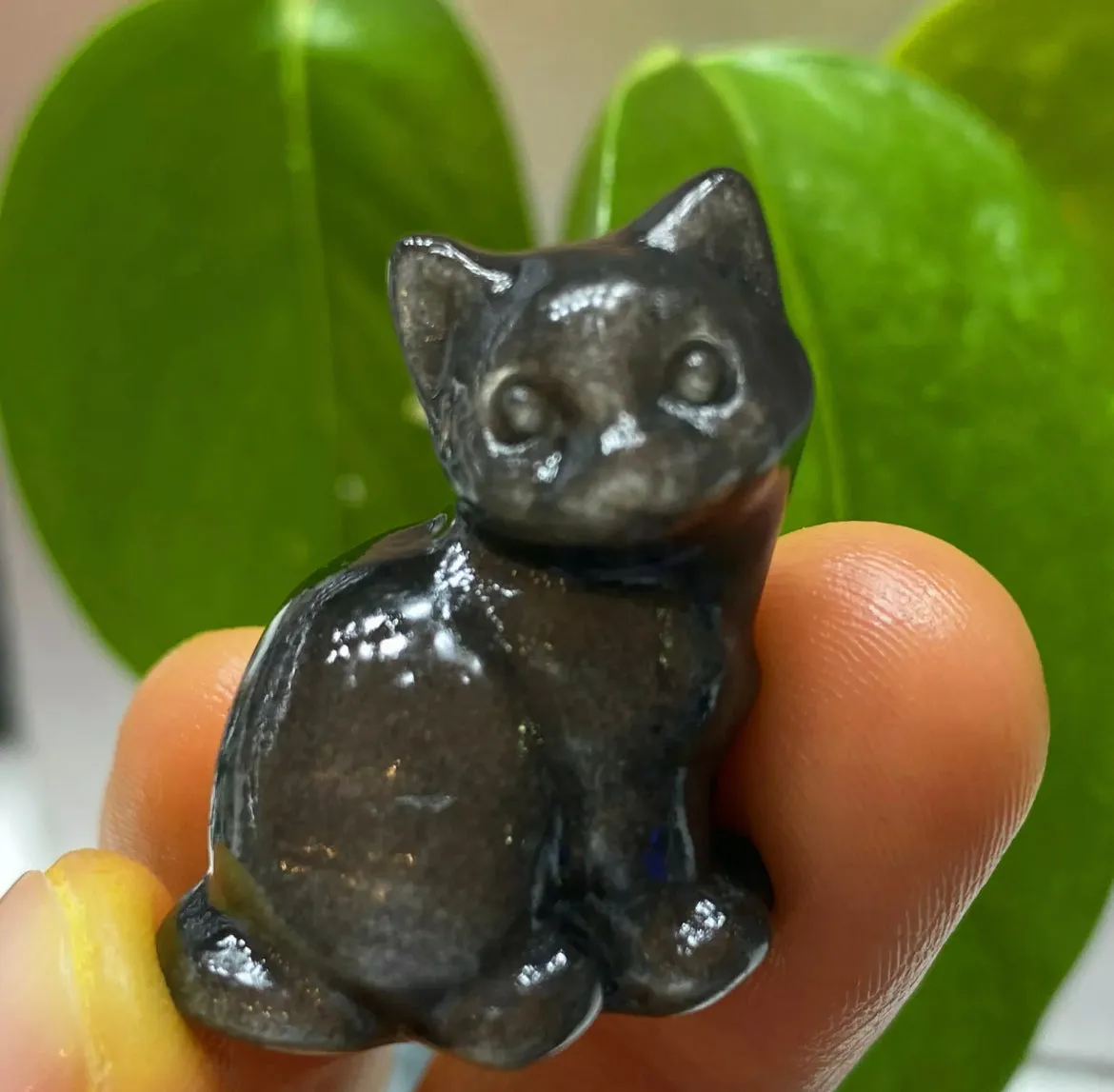 Natural Silver Obsidian gemstone Kitty Cat Crystal Figurine