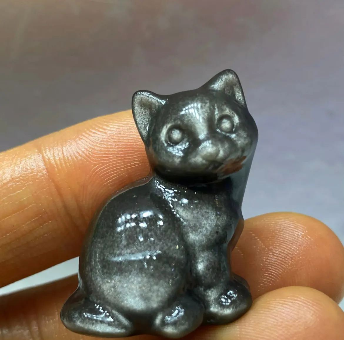 Natural Silver Obsidian gemstone Kitty Cat Crystal Figurine