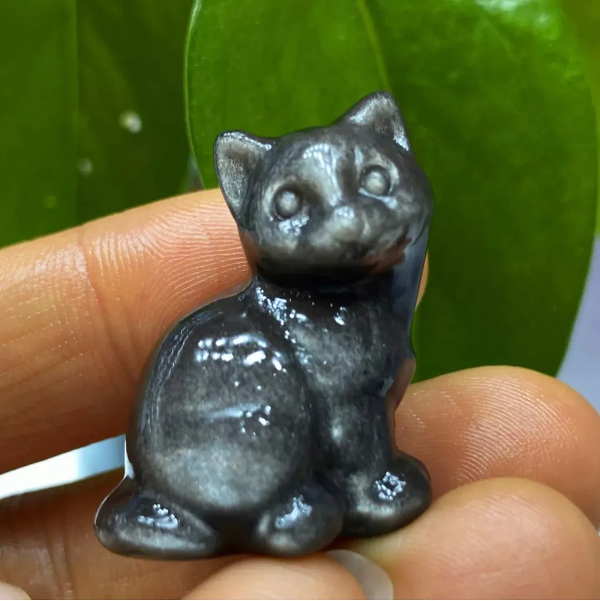 Natural Silver Obsidian gemstone Kitty Cat Crystal Figurine