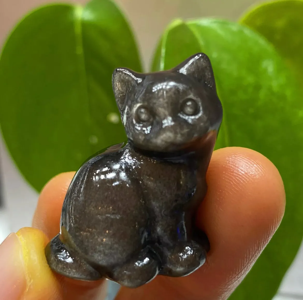 Natural Silver Obsidian gemstone Kitty Cat Crystal Figurine