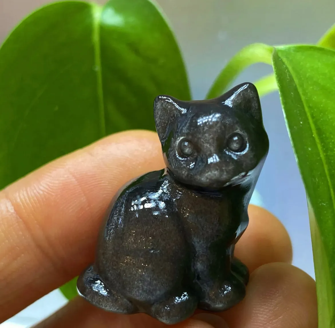 Natural Silver Obsidian gemstone Kitty Cat Crystal Figurine