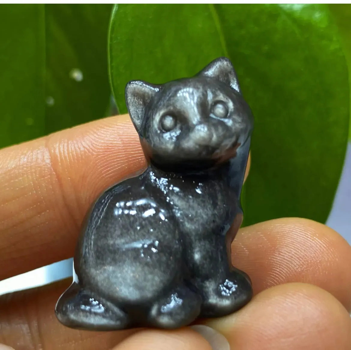 Natural Silver Obsidian gemstone Kitty Cat Crystal Figurine