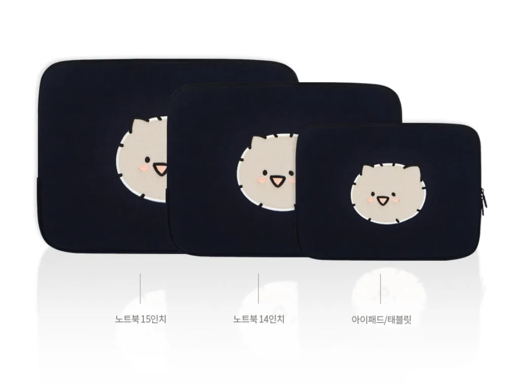 Navy Kuma Laptop Sleeves iPad 13 14 15 inch Cases Protective Covers Purses Skins Handbags Square Cushion Carrying Pouches Designer Artist Embroidery School Collage Office Lightweight Pocket Cute Characters