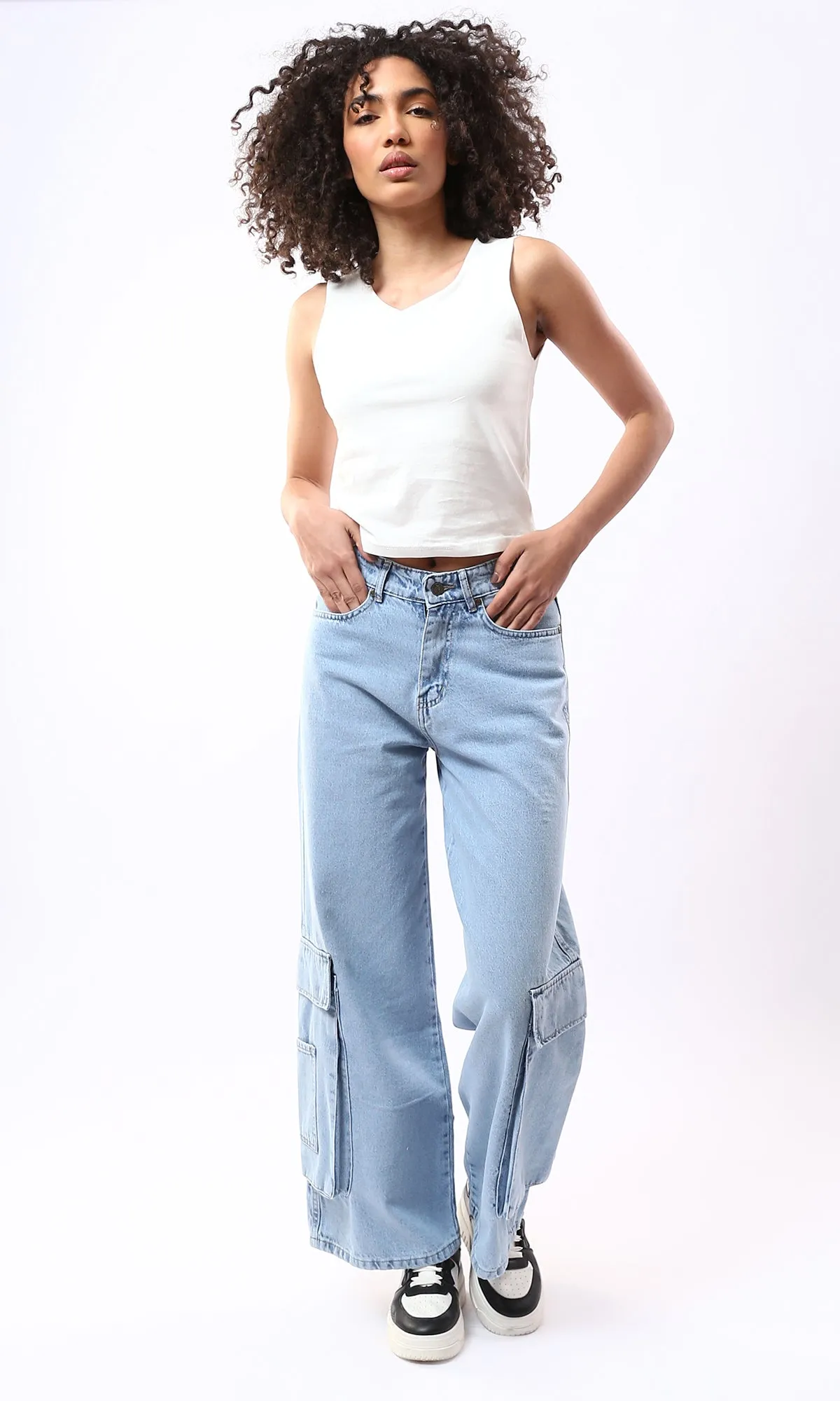 O177959 Light Blue Wide Leg Solid Casual Jeans